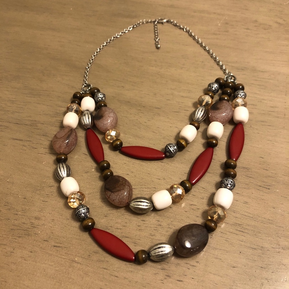 Multi-Strand Layered Beaded Necklace with Red and Silver Accents